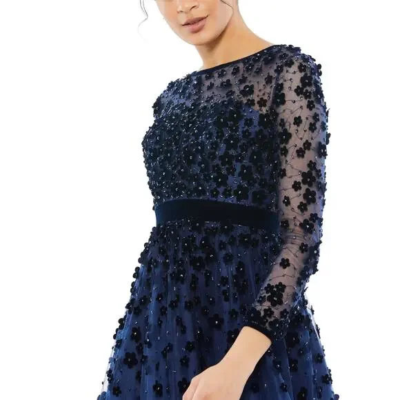 Mac Duggal Velvet Embellished Illusion High Neck 67007 Dress Midnight Size 8 - Picture 2 of 15